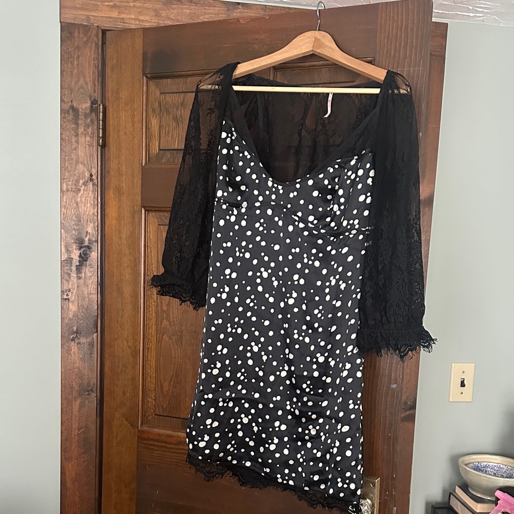 Free People Black and White Polka Dot Long Sleeve Dress